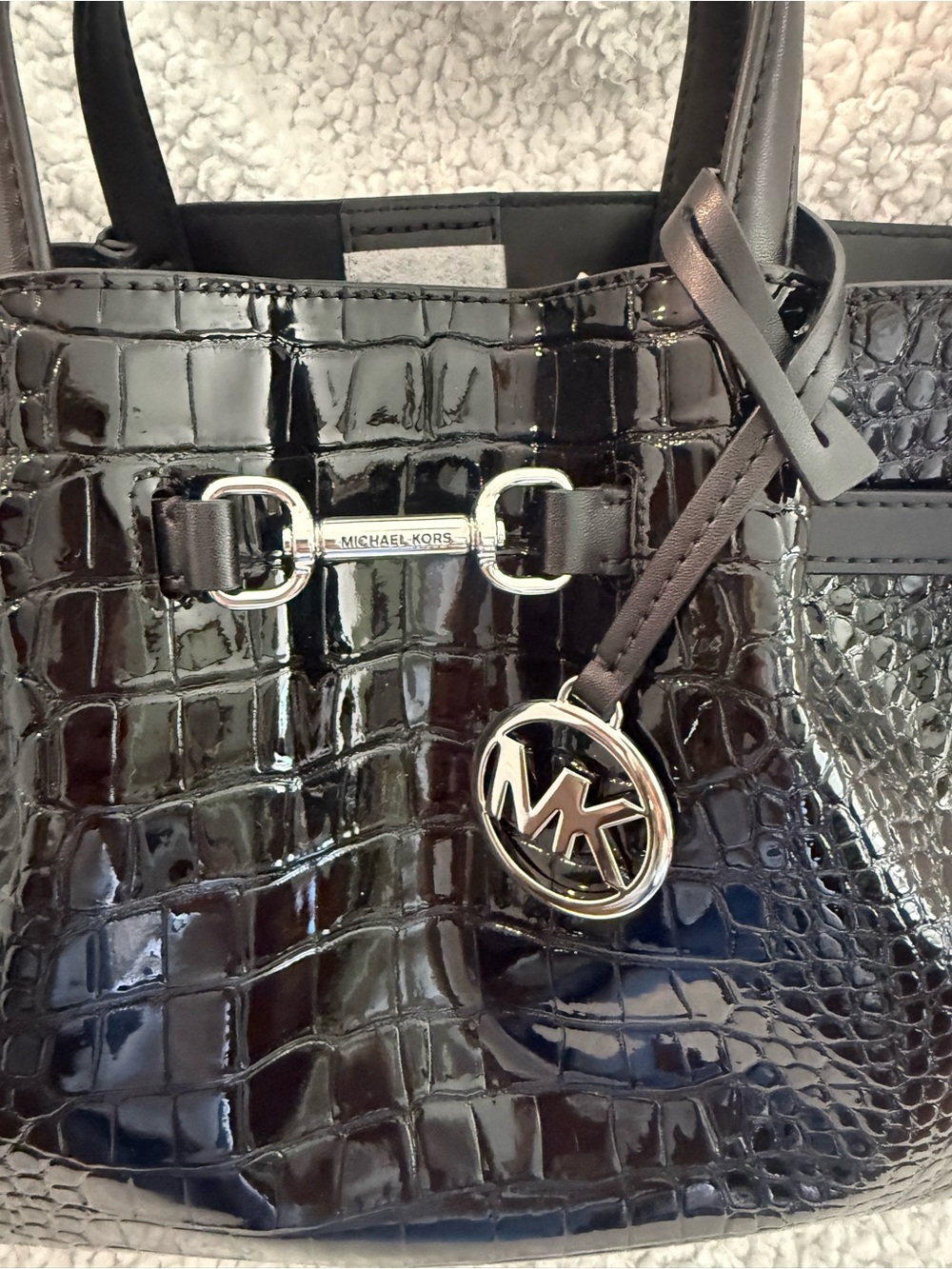 Michael Kors Black Patent Croc-Embossed Tote with MK Charm